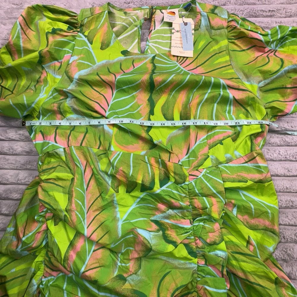 NWT FARM RIO 3XL Anthropologie Puff-Sleeve Mini Dress Lime Green Floral Ruffle - Picture 5 of 11